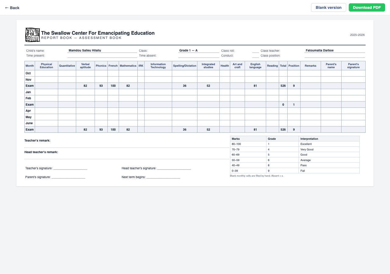 Report book in the KUBO platform