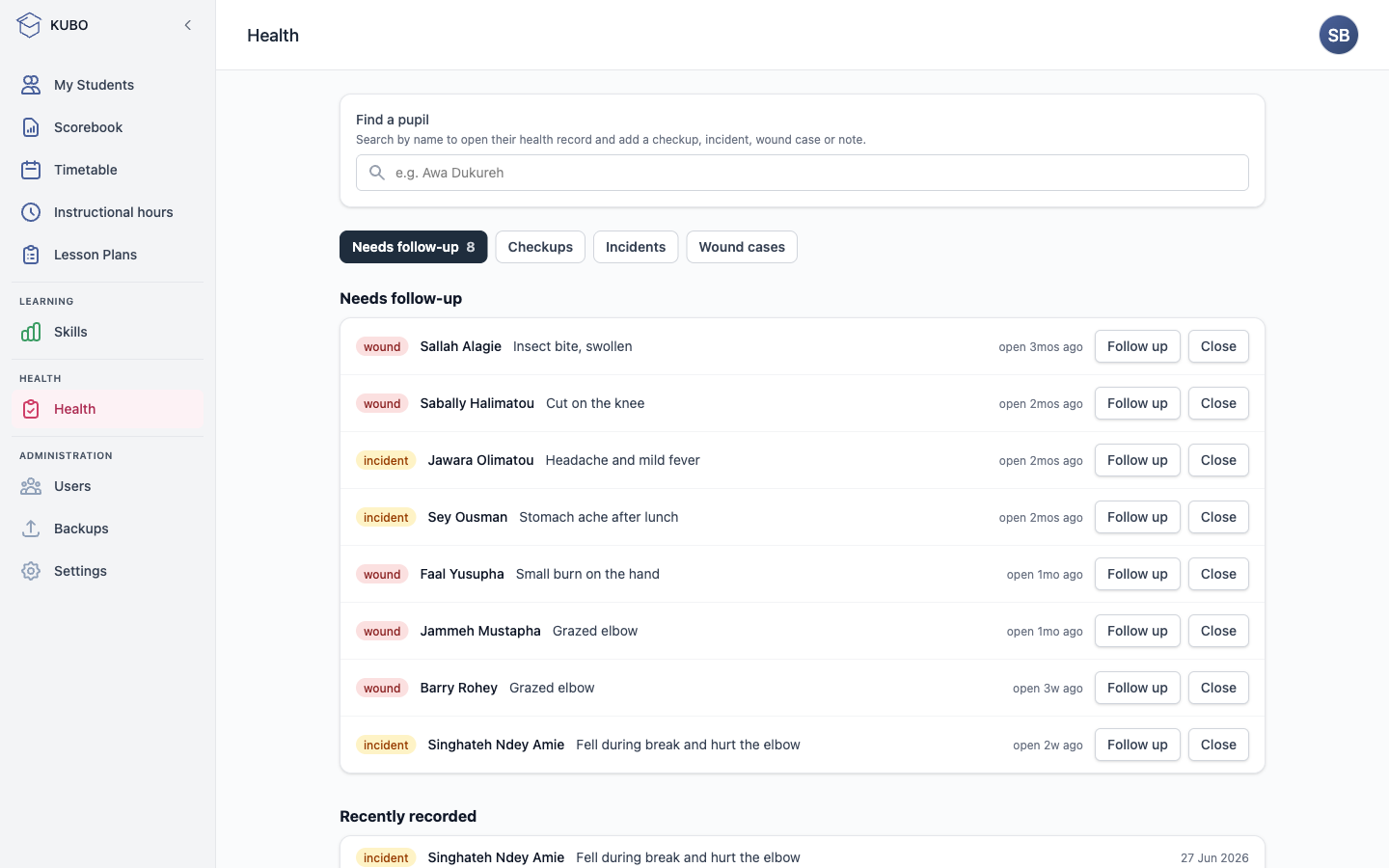 Health reports in the KUBO platform