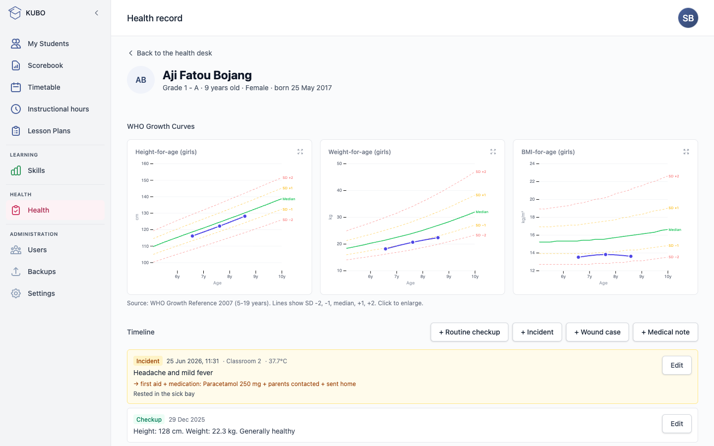 Health record in the KUBO platform