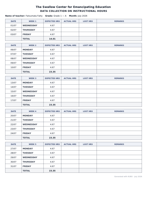 The instructional hours data collection form