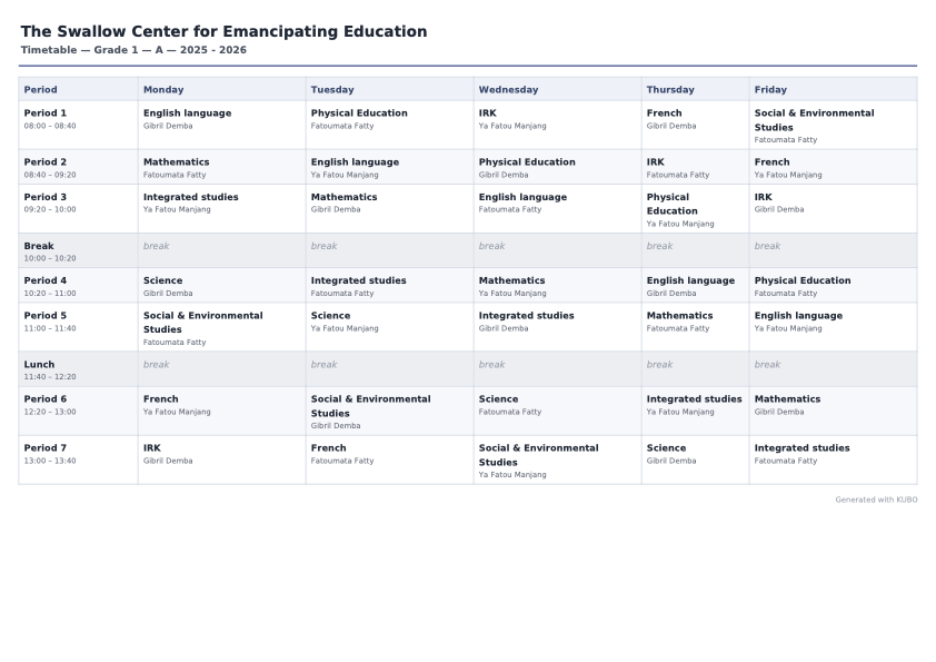 A printed weekly class timetable